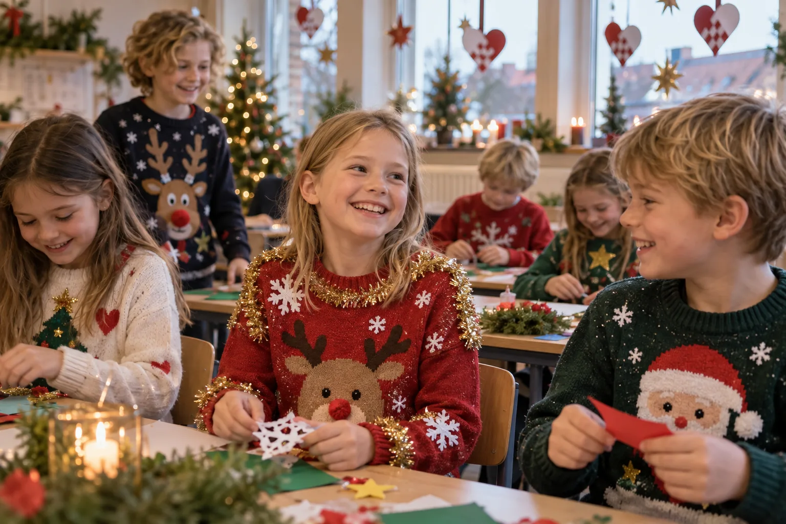 Skolebørn i julesweatre med glimmer klipper julepynt i klassen