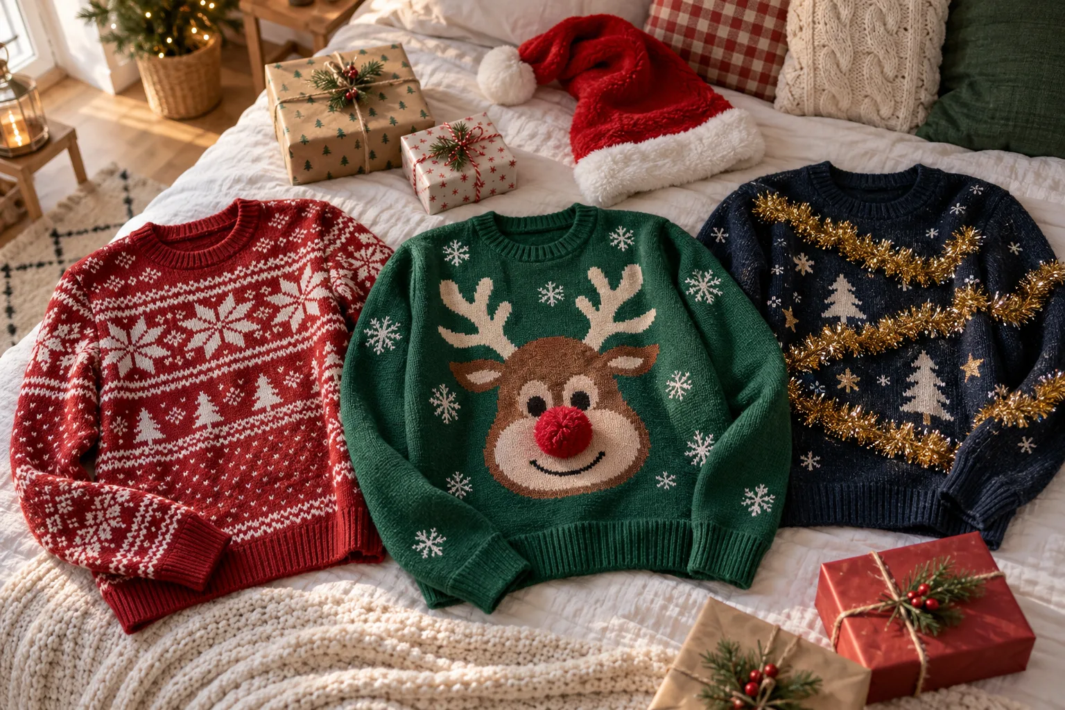 Tre forskellige julesweatre lagt frem på en seng med en nissehue og gaver