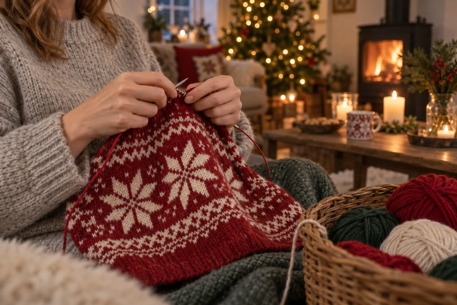 Hænder strikker en rød og hvid julesweater med stjernemønster i en hyggelig stue med juletræ og pejs