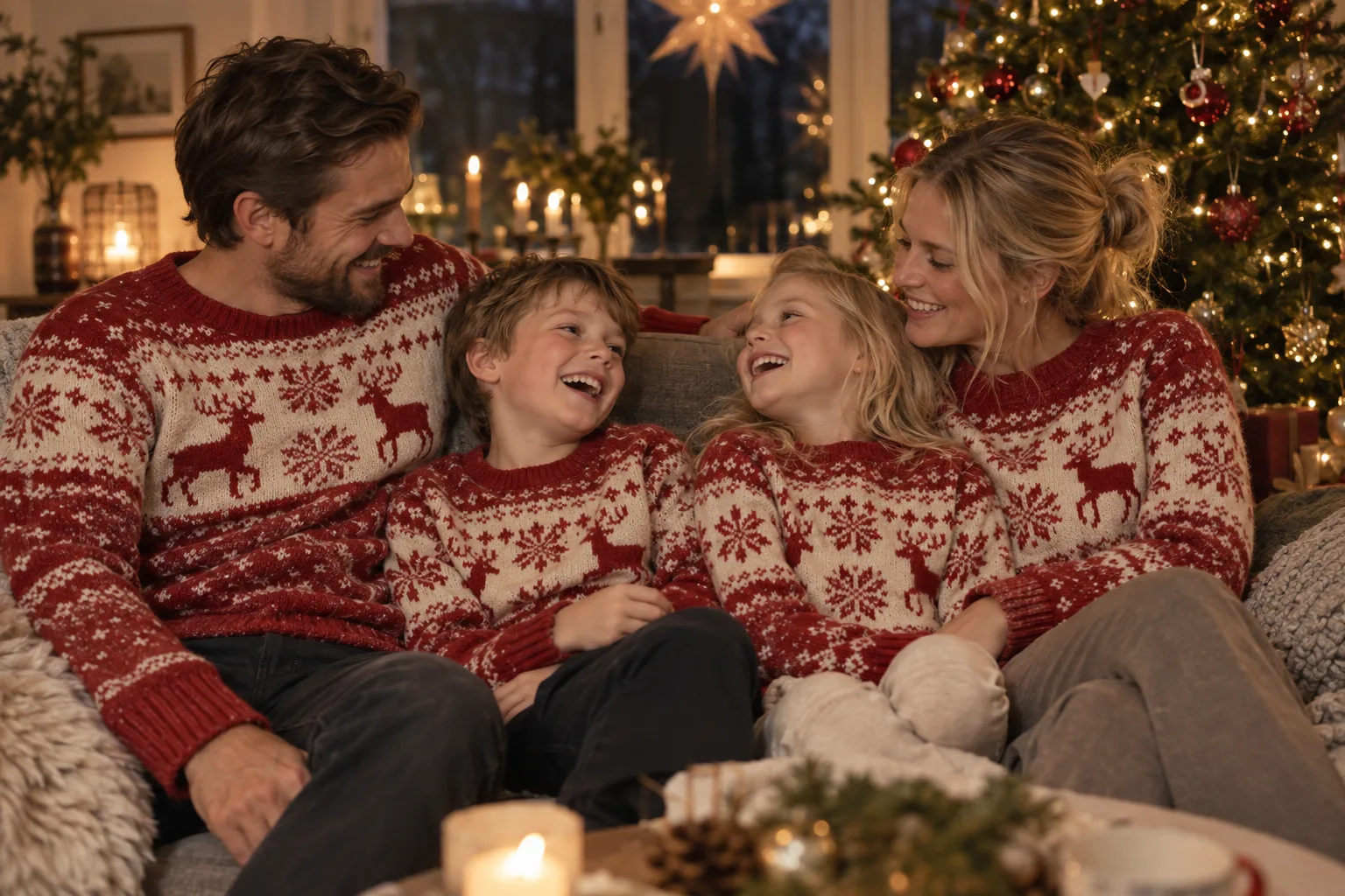 Familie i ens hjemmestrikkede julesweatre med rensdyr i sofaen ved juletræet